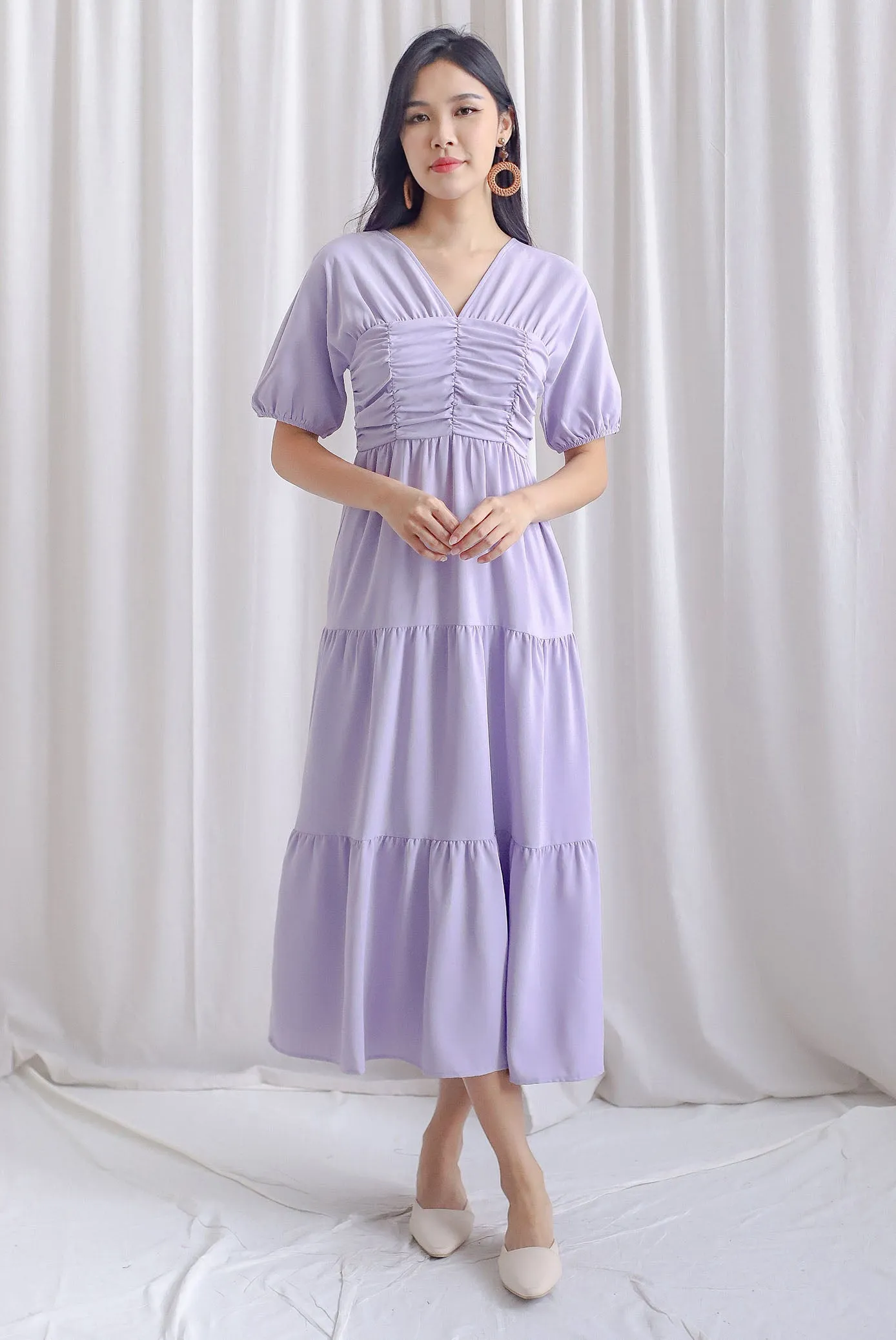 Maybelle Puffy Sleeve Ruched Maxi Dress In Lavander