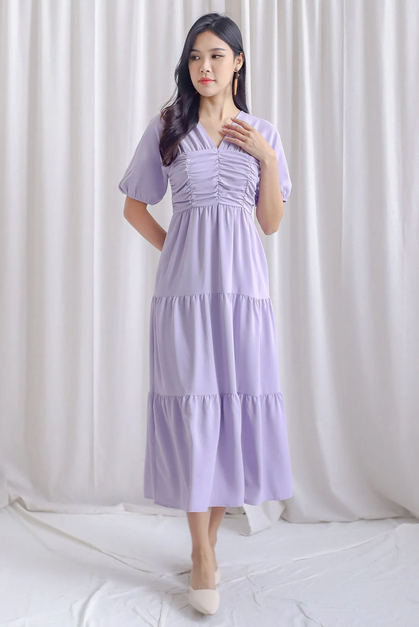 Maybelle Puffy Sleeve Ruched Maxi Dress In Lavander