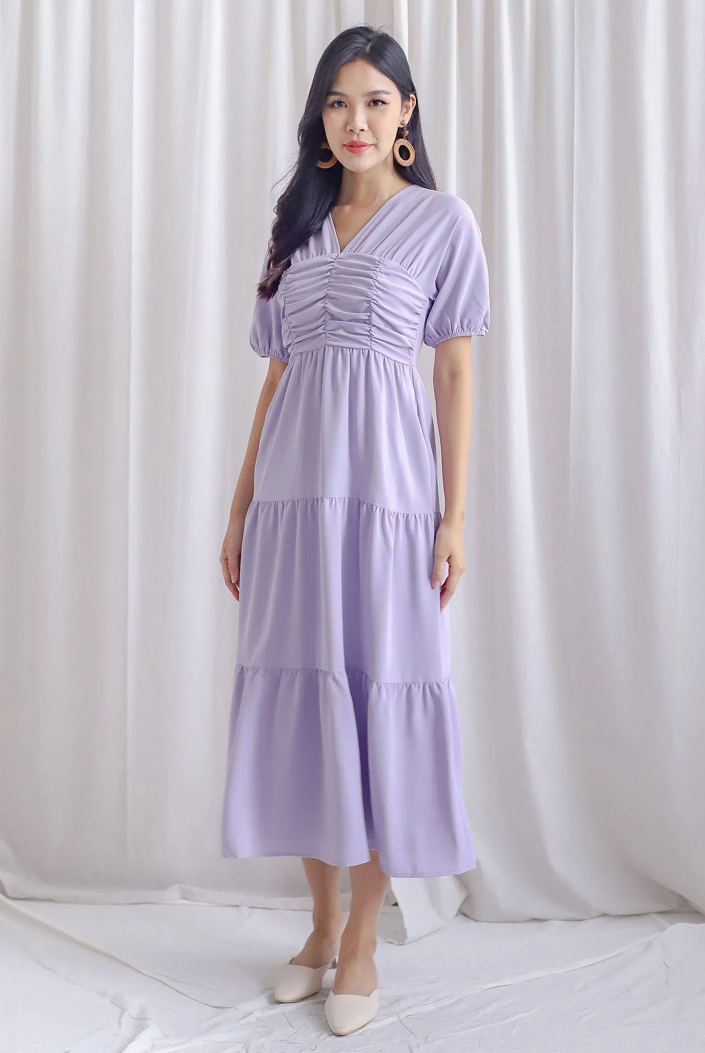 Maybelle Puffy Sleeve Ruched Maxi Dress In Lavander