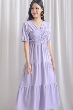 Maybelle Puffy Sleeve Ruched Maxi Dress In Lavander