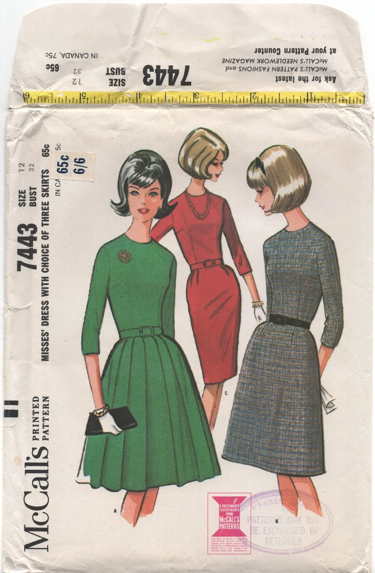 McCall's 7443 Dress with Slim or Pleated, Flared Skirt, Uncut, Factory Folded Sewing Pattern Size 12 Bust 32