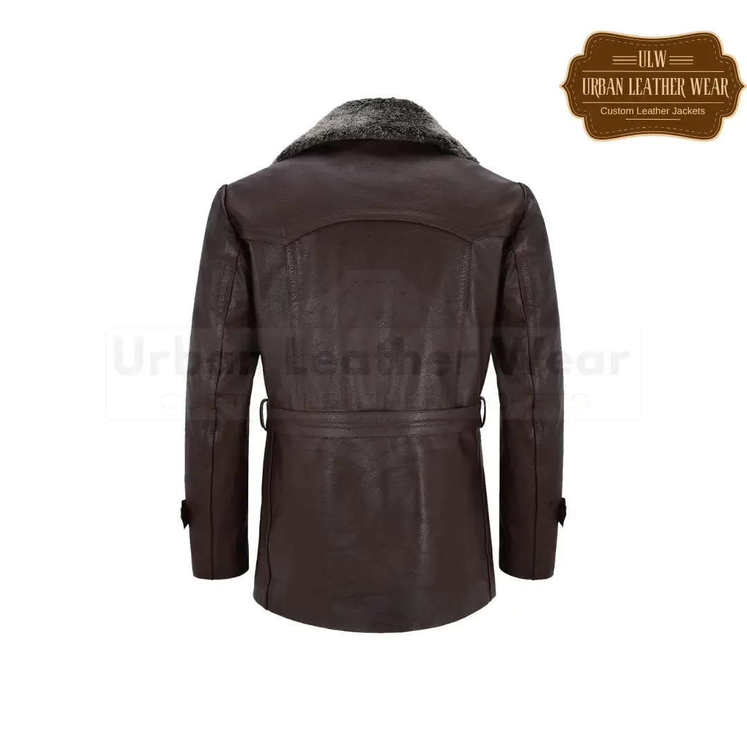 Men German Real Leather Brown Peacoat Fur Collar