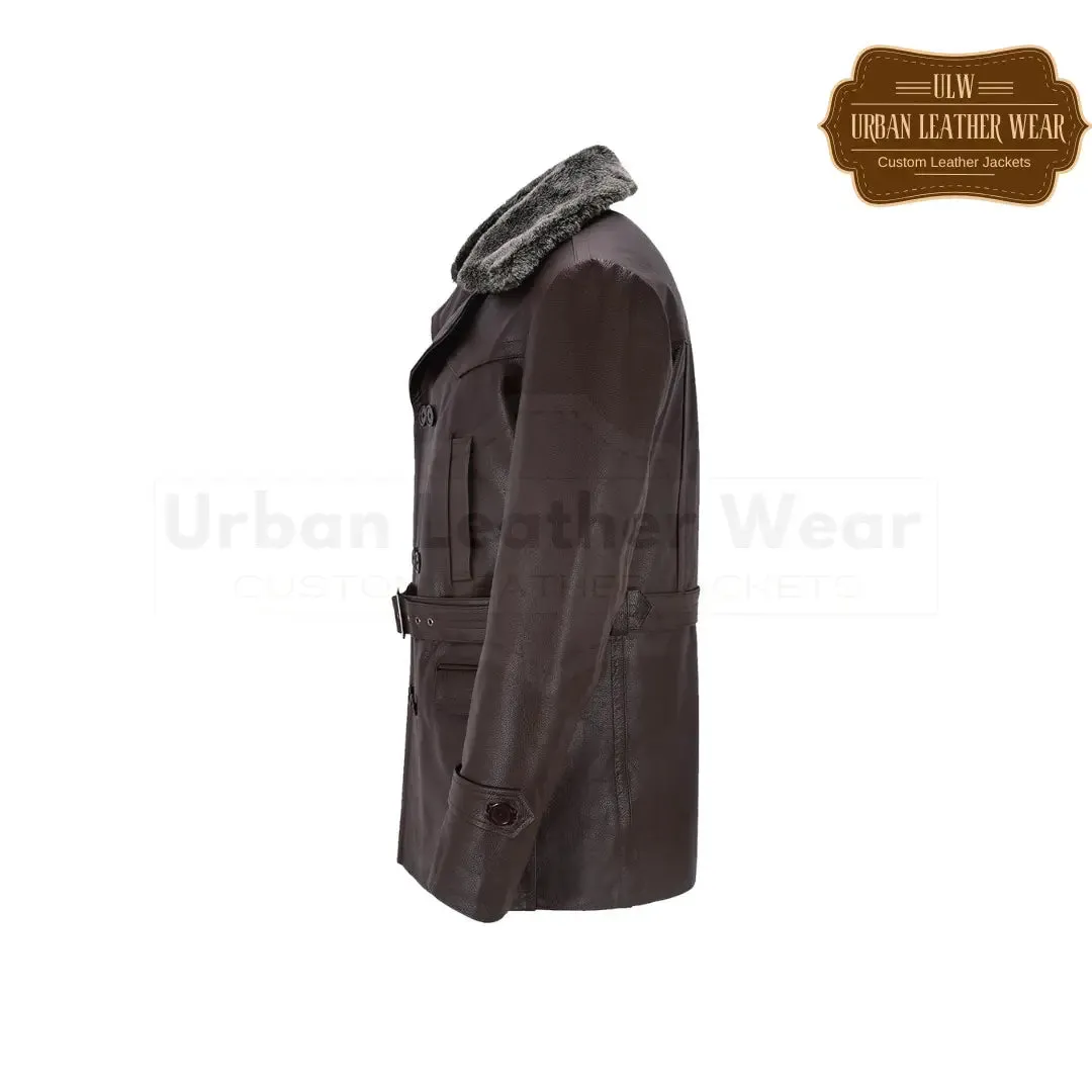 Men German Real Leather Brown Peacoat Fur Collar