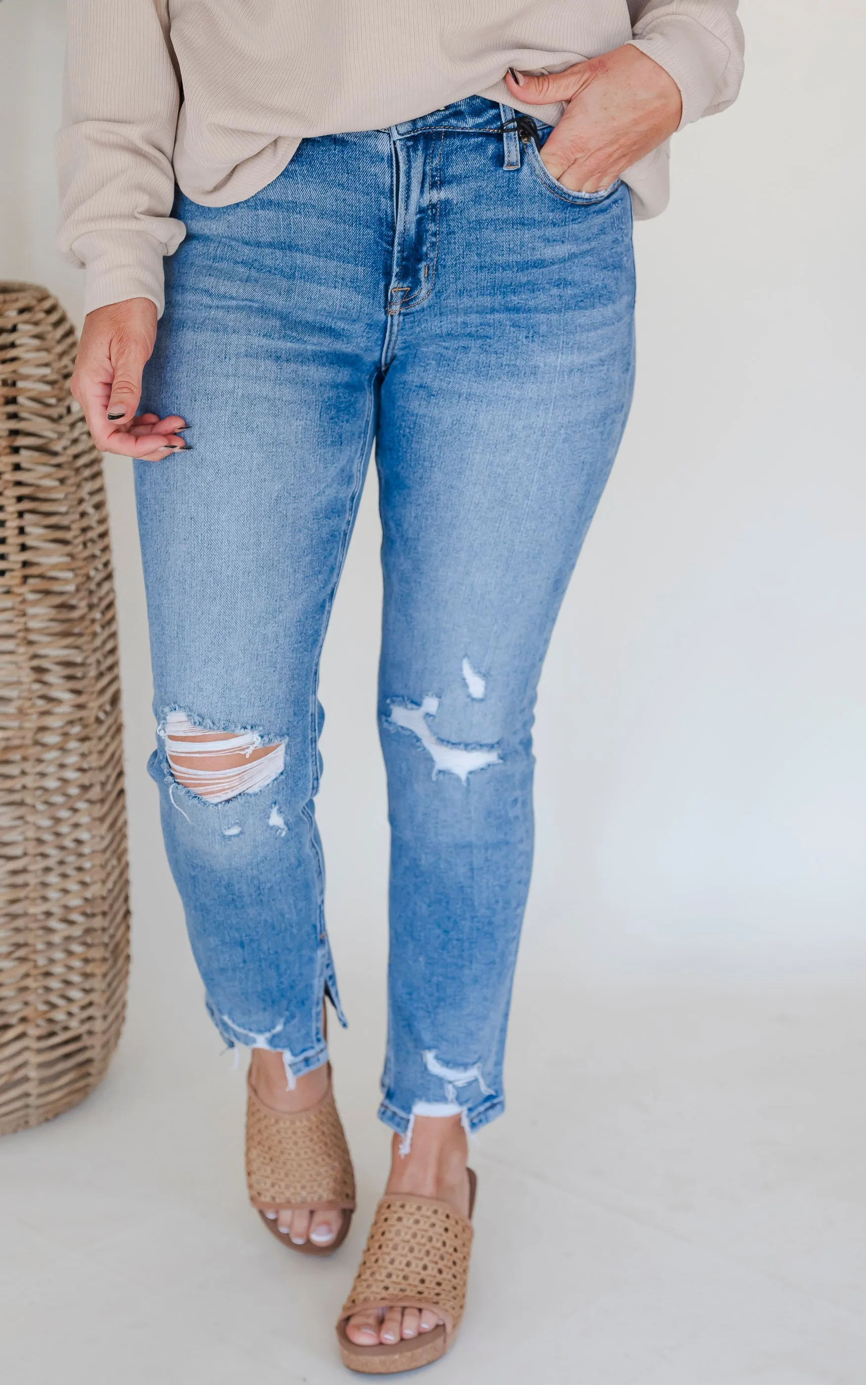 MICA | The Regina High Rise Ankle Straight w/ Side Slit Denim Jeans**