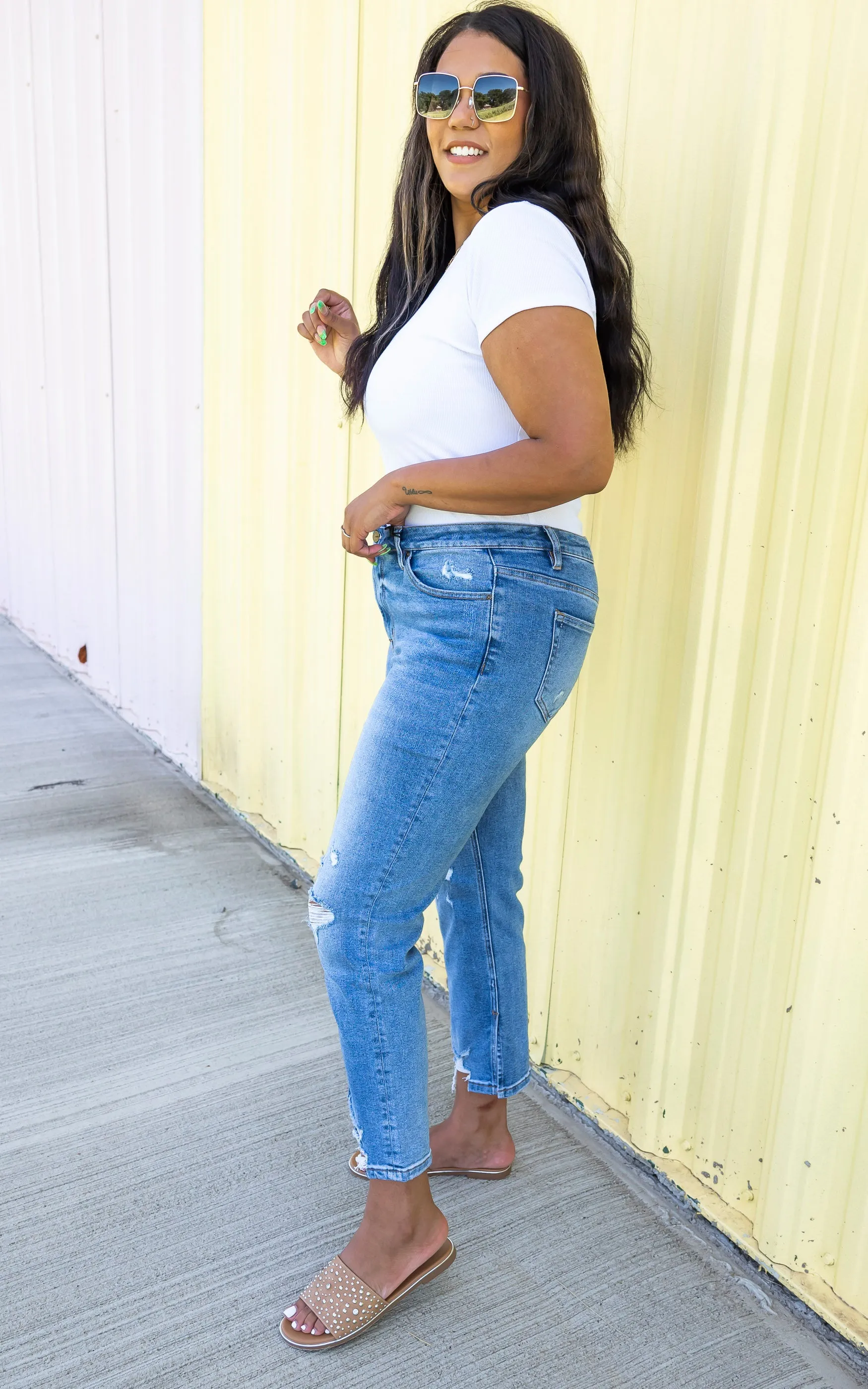 MICA | The Regina High Rise Ankle Straight w/ Side Slit Denim Jeans**