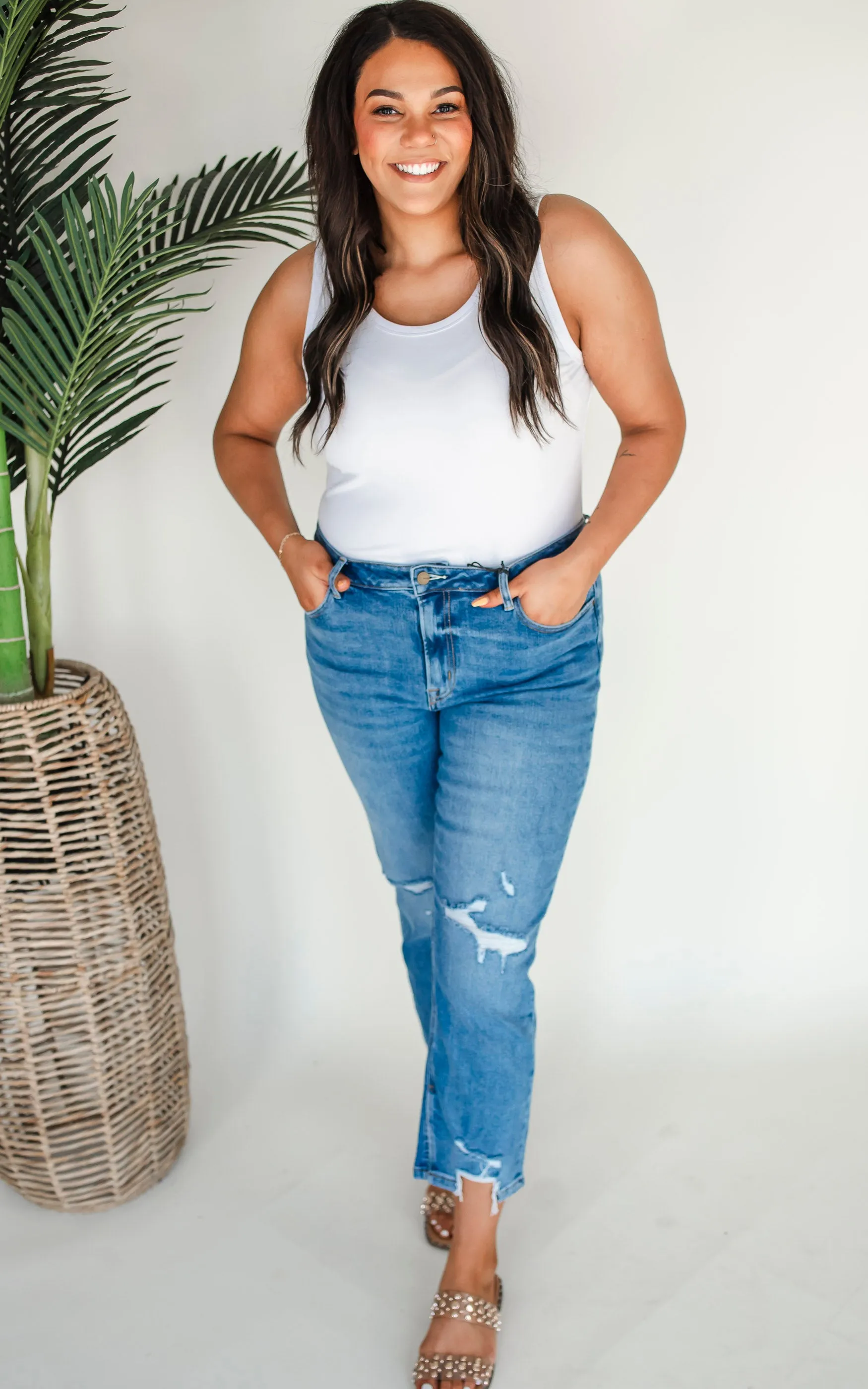 MICA | The Regina High Rise Ankle Straight w/ Side Slit Denim Jeans**
