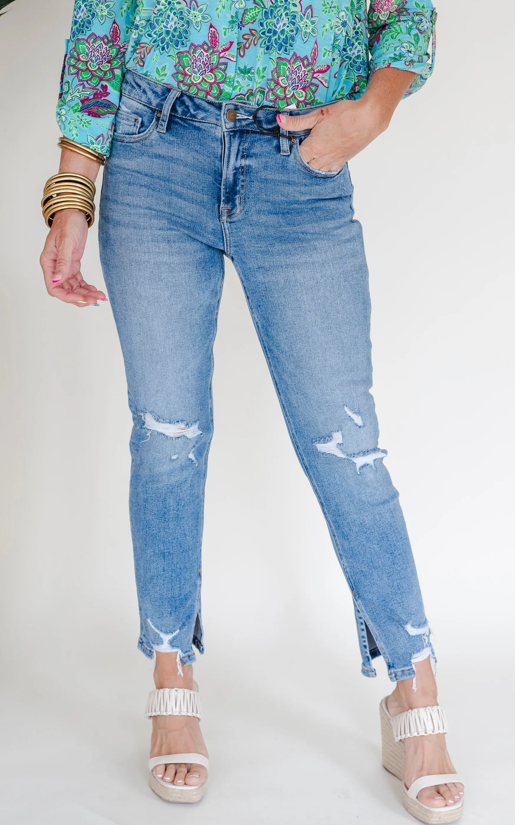 MICA | The Regina High Rise Ankle Straight w/ Side Slit Denim Jeans**