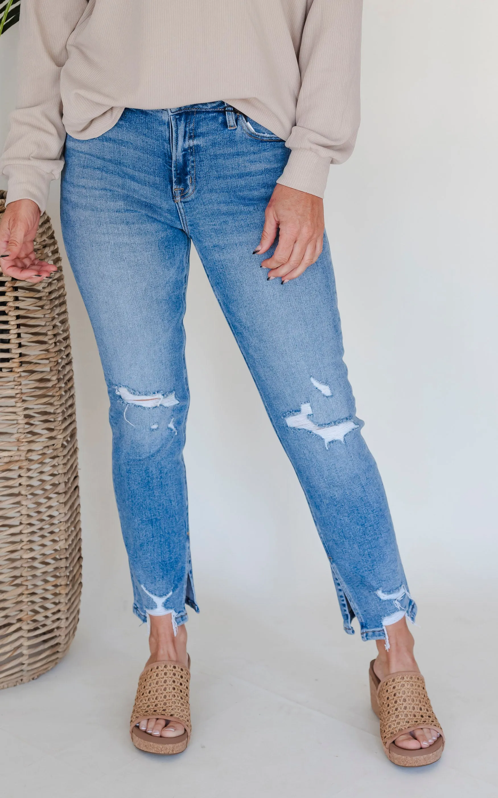 MICA | The Regina High Rise Ankle Straight w/ Side Slit Denim Jeans**