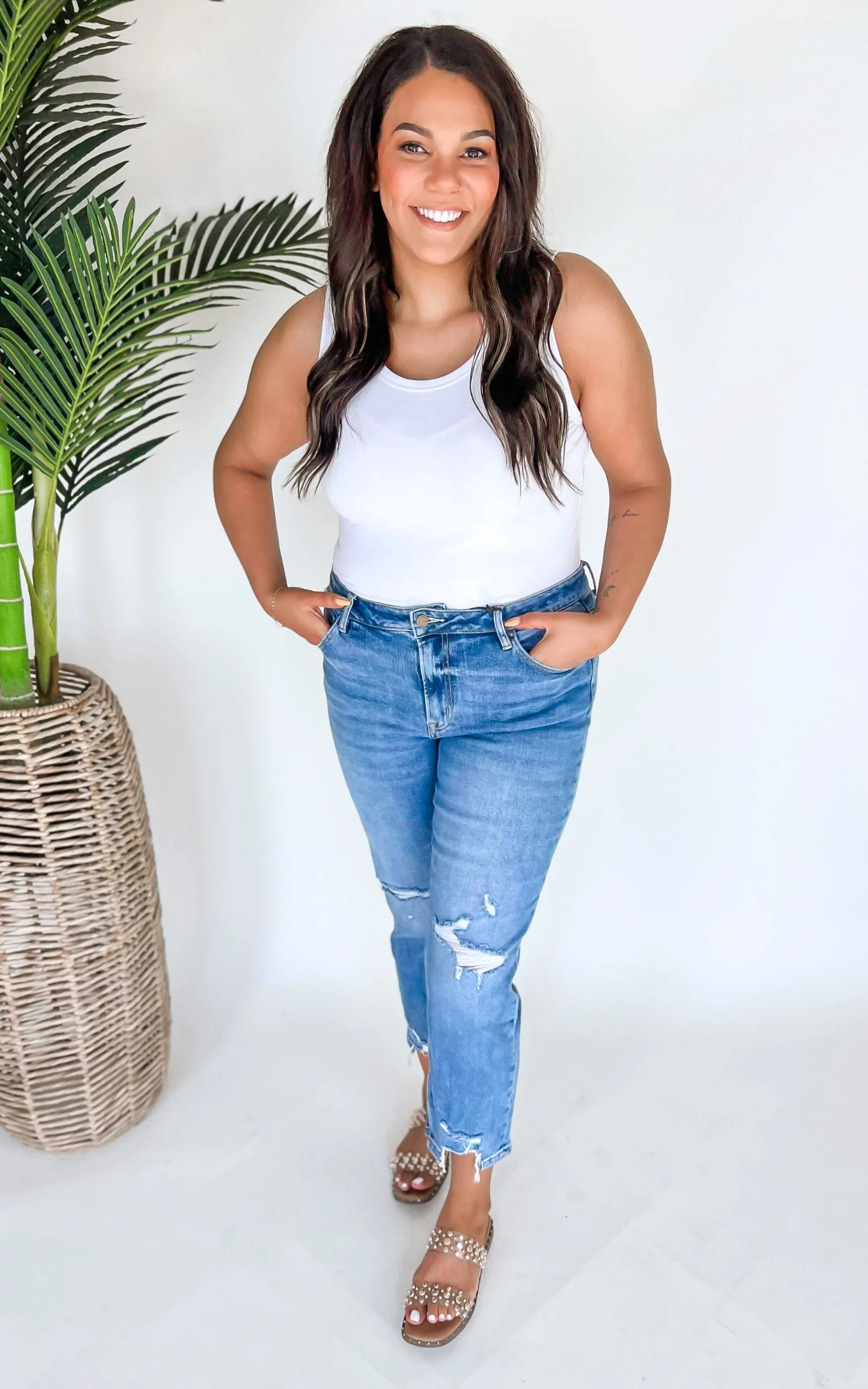 MICA | The Regina High Rise Ankle Straight w/ Side Slit Denim Jeans**