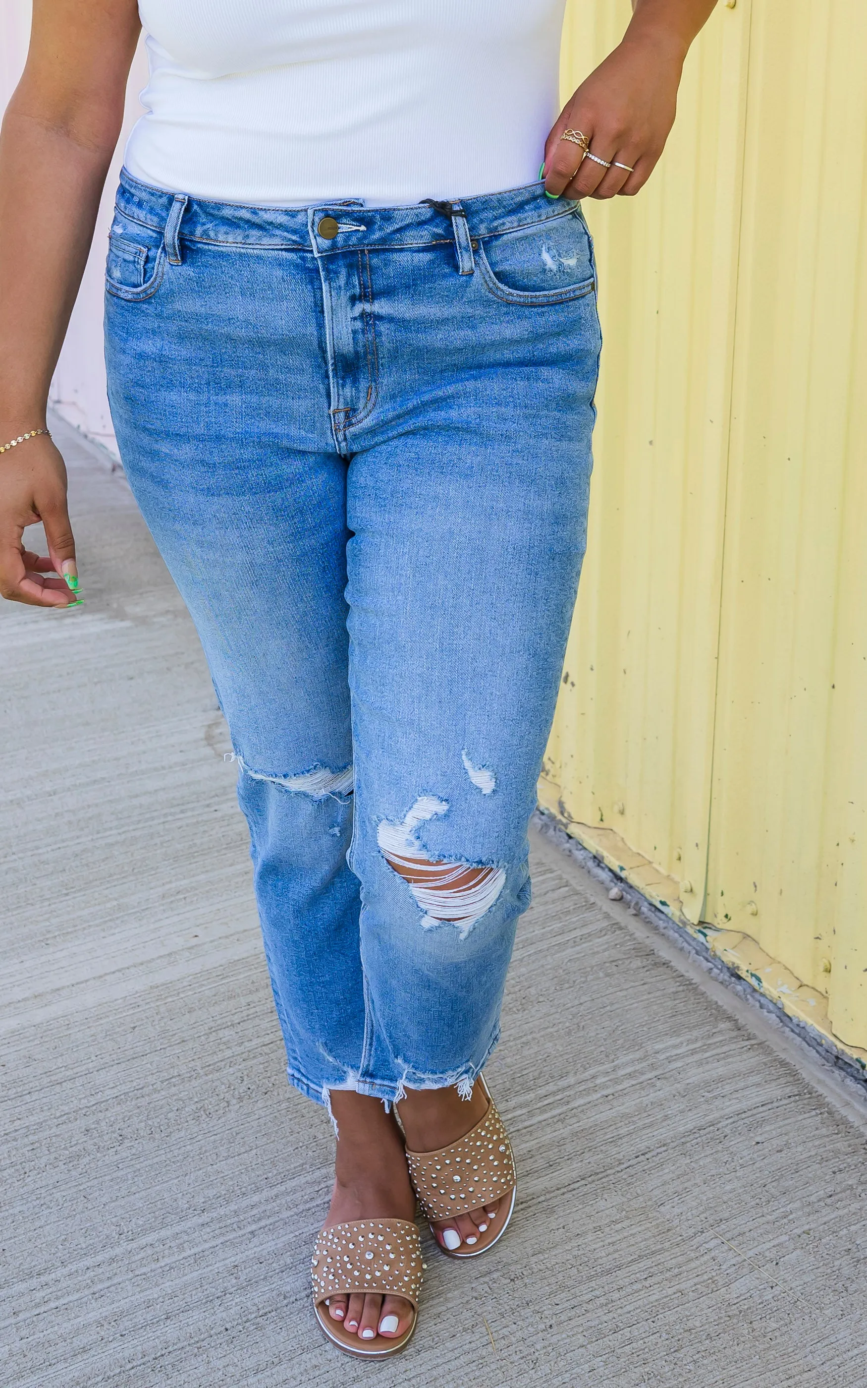 MICA | The Regina High Rise Ankle Straight w/ Side Slit Denim Jeans**