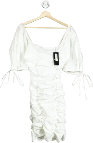 Misspap White Ruched Puff Sleeve Square Neck Dress UK 8