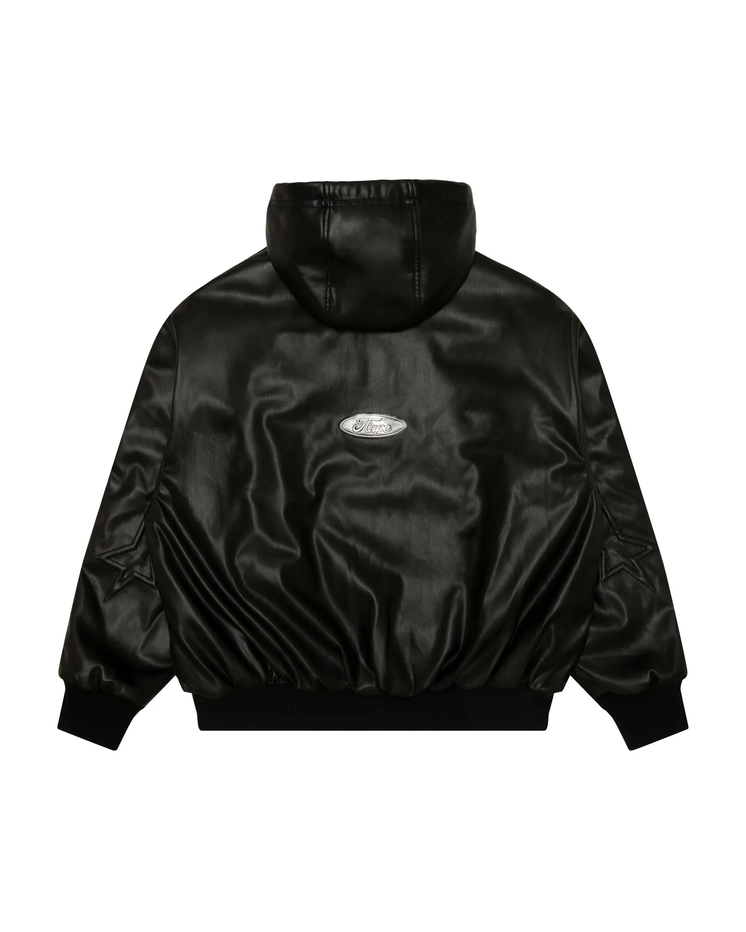 Moonface logo faux leather hooded jacket