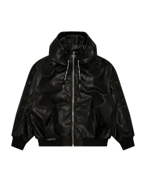 Moonface logo faux leather hooded jacket