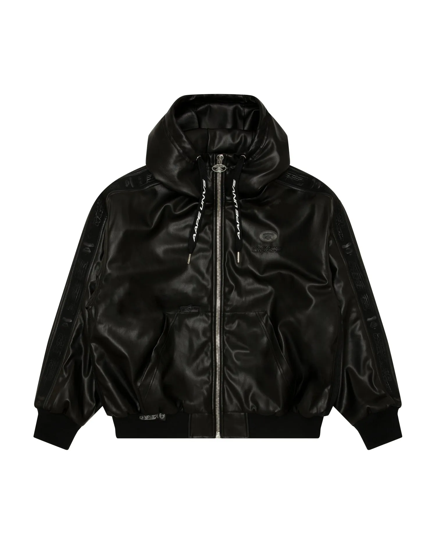 Moonface logo faux leather hooded jacket