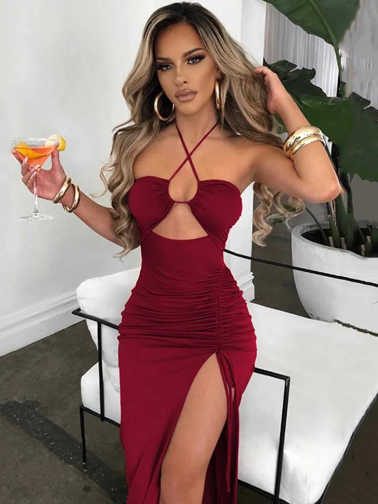 Mozision Halter Hollow Out Drawstring Long Dress Women Fashion Sleeveless Backless High Split Elegant Ruched Dress Vestidos