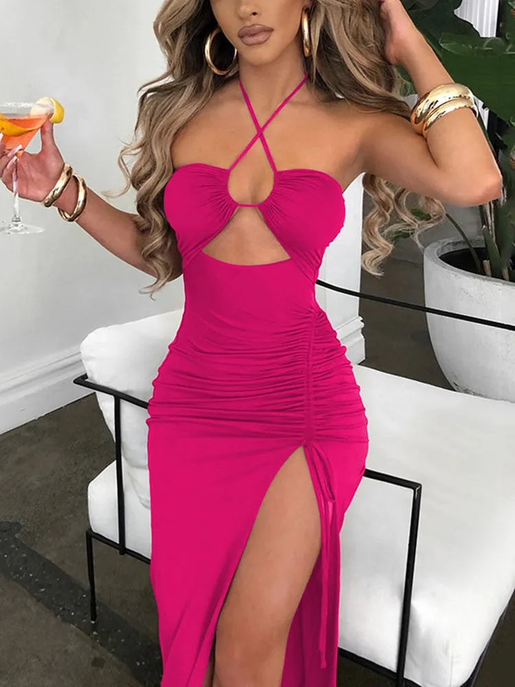 Mozision Halter Hollow Out Drawstring Long Dress Women Fashion Sleeveless Backless High Split Elegant Ruched Dress Vestidos
