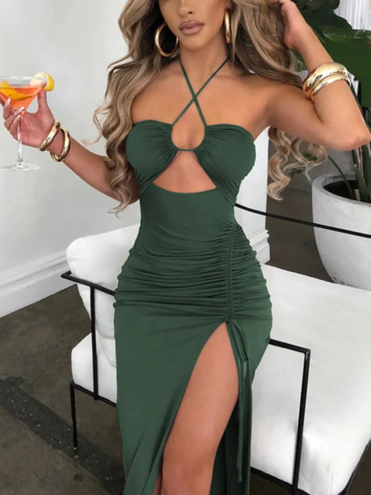 Mozision Halter Hollow Out Drawstring Long Dress Women Fashion Sleeveless Backless High Split Elegant Ruched Dress Vestidos