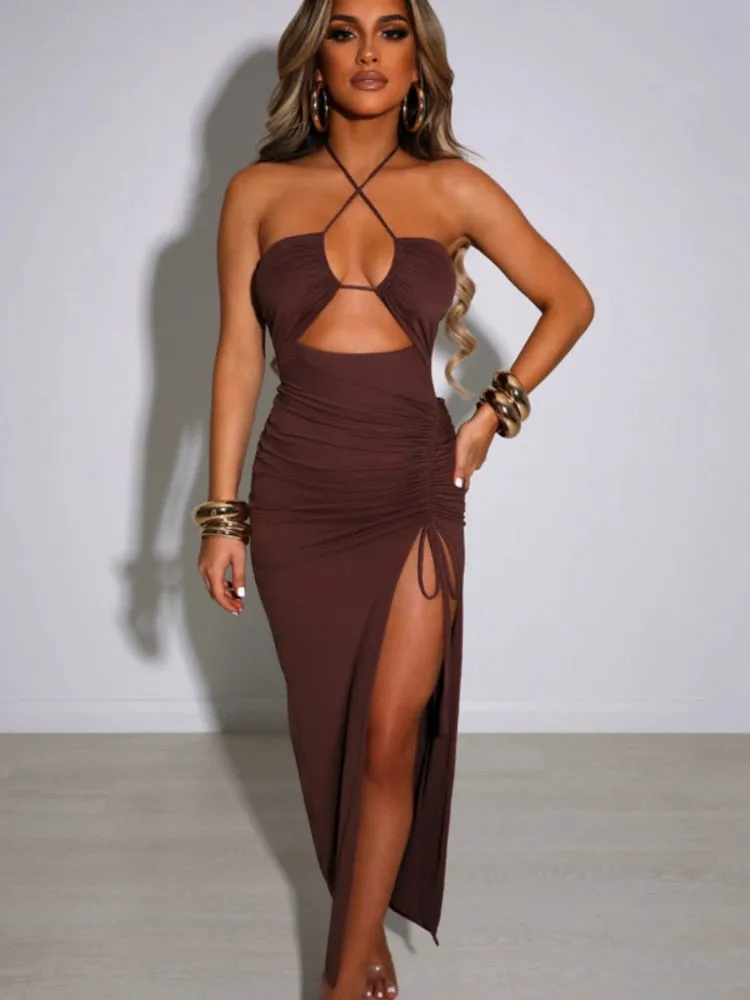 Mozision Halter Hollow Out Drawstring Long Dress Women Fashion Sleeveless Backless High Split Elegant Ruched Dress Vestidos
