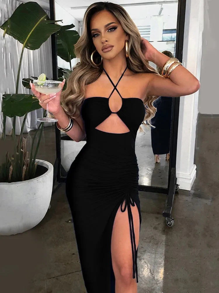 Mozision Halter Hollow Out Drawstring Long Dress Women Fashion Sleeveless Backless High Split Elegant Ruched Dress Vestidos