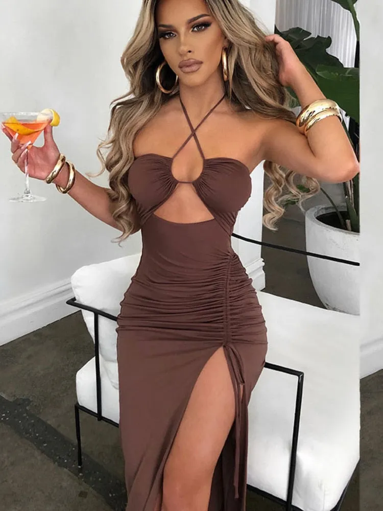 Mozision Halter Hollow Out Drawstring Long Dress Women Fashion Sleeveless Backless High Split Elegant Ruched Dress Vestidos