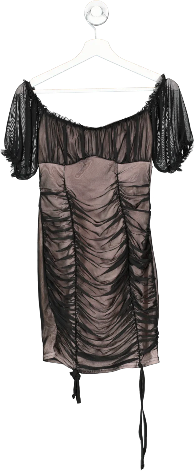Nasty Gal Black Ruched Mesh Puff Sleeve Mini Dress UK 4