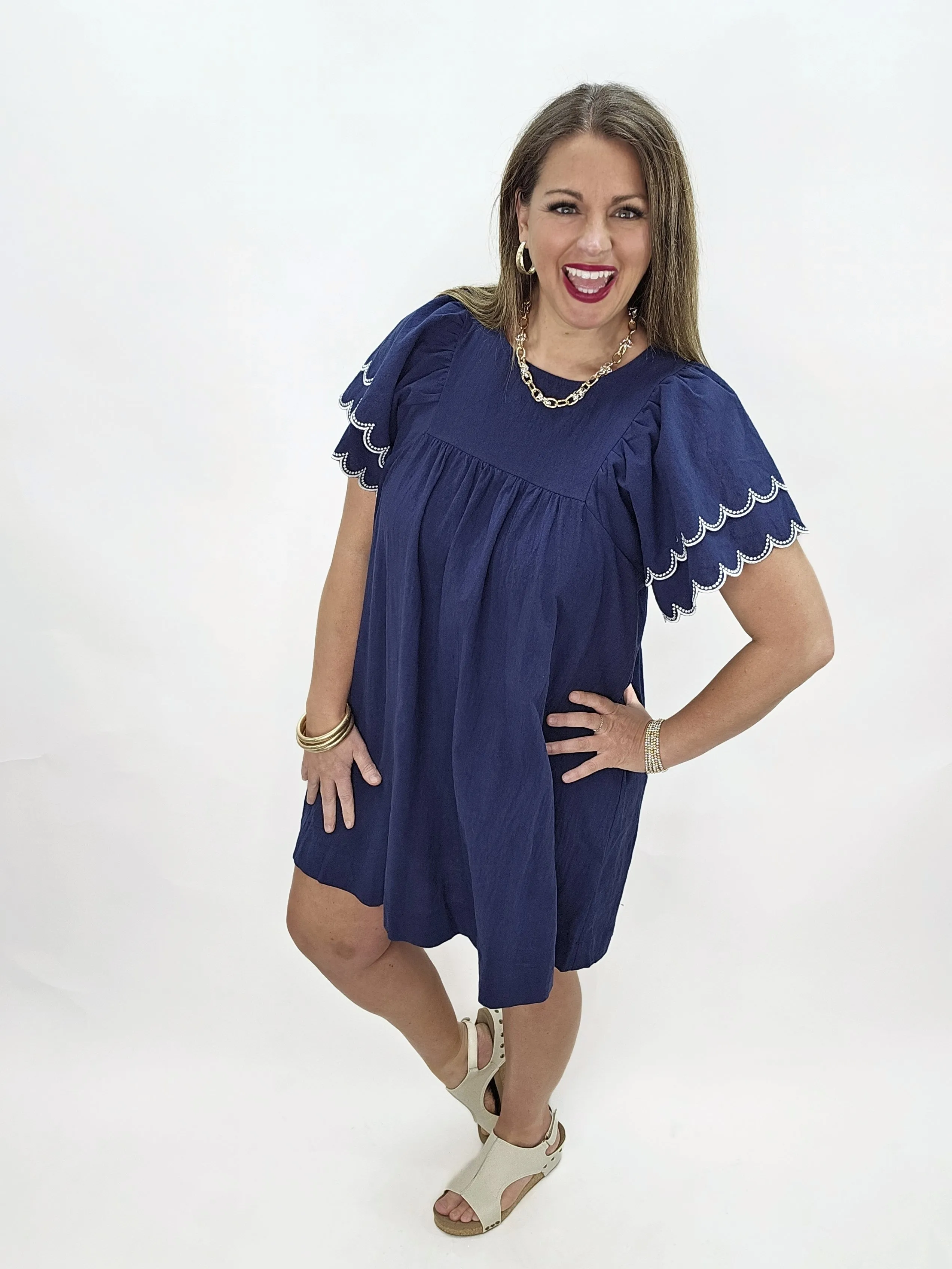 NAVY COTTON RUFFLE SLEEVE DRESS