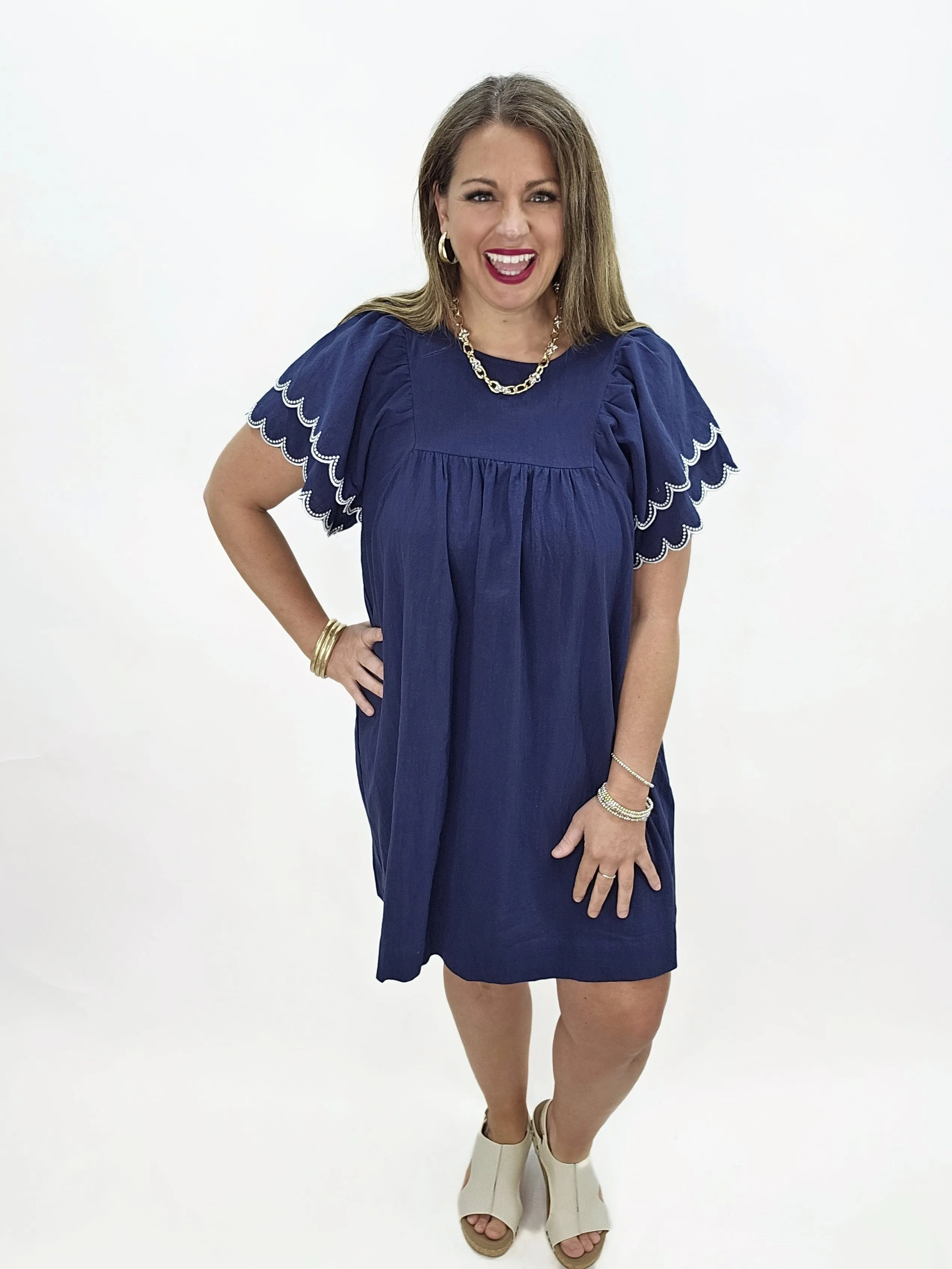 NAVY COTTON RUFFLE SLEEVE DRESS