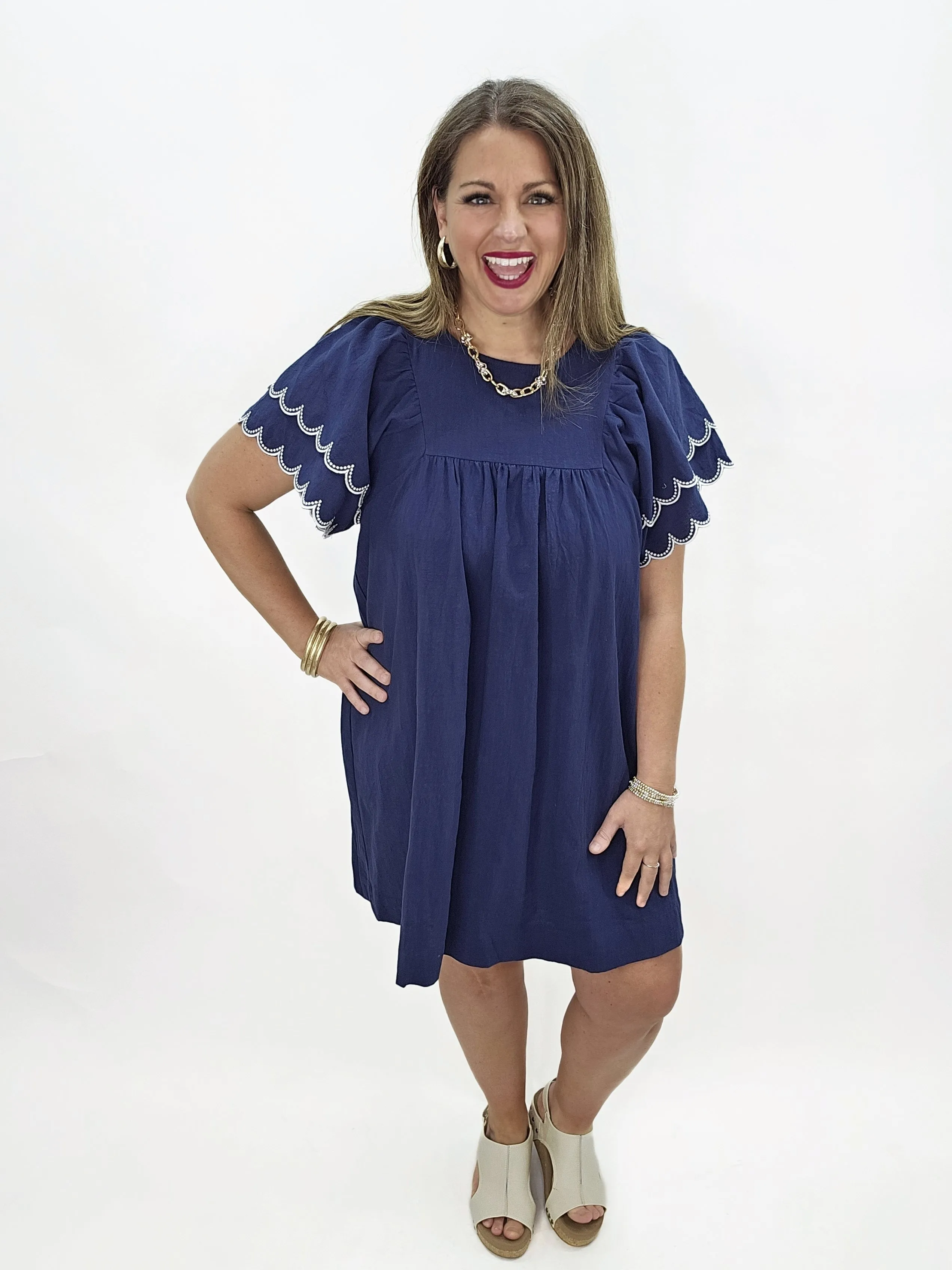 NAVY COTTON RUFFLE SLEEVE DRESS