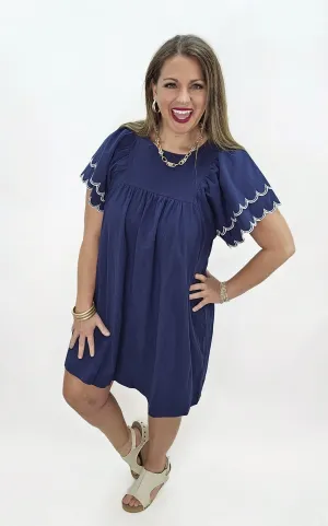 NAVY COTTON RUFFLE SLEEVE DRESS