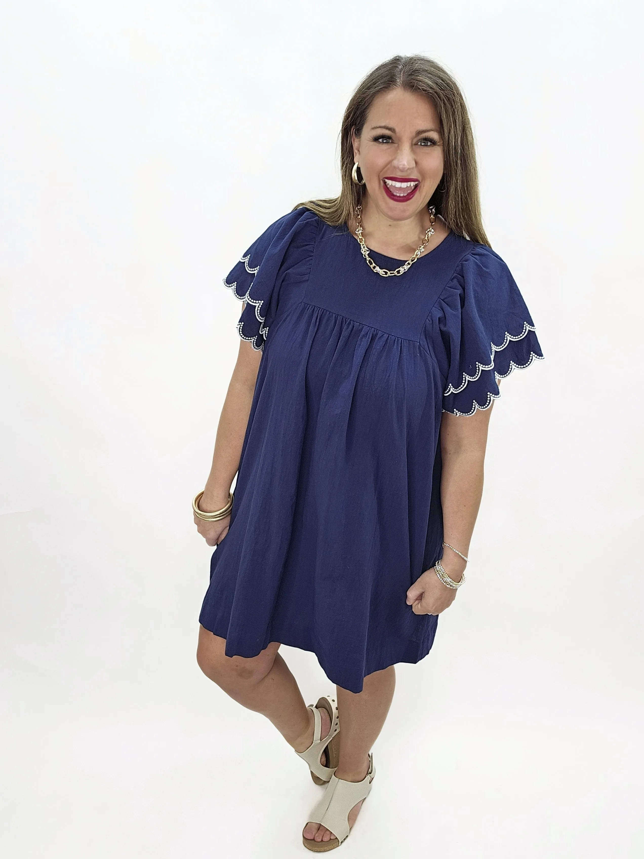 NAVY COTTON RUFFLE SLEEVE DRESS