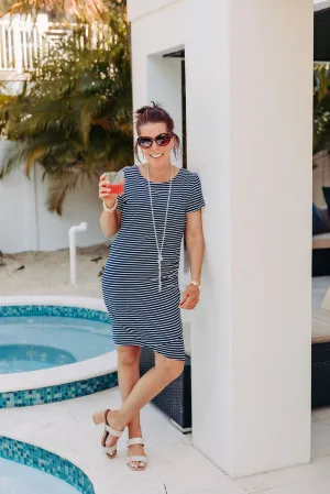 Navy   White Stripe Ruched Side Dress