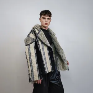 Nordic style faux fur jacket Viking coat Nomad sheep imitation trench short shaggy bomber festival striped biker lapel fleece peacoat brown
