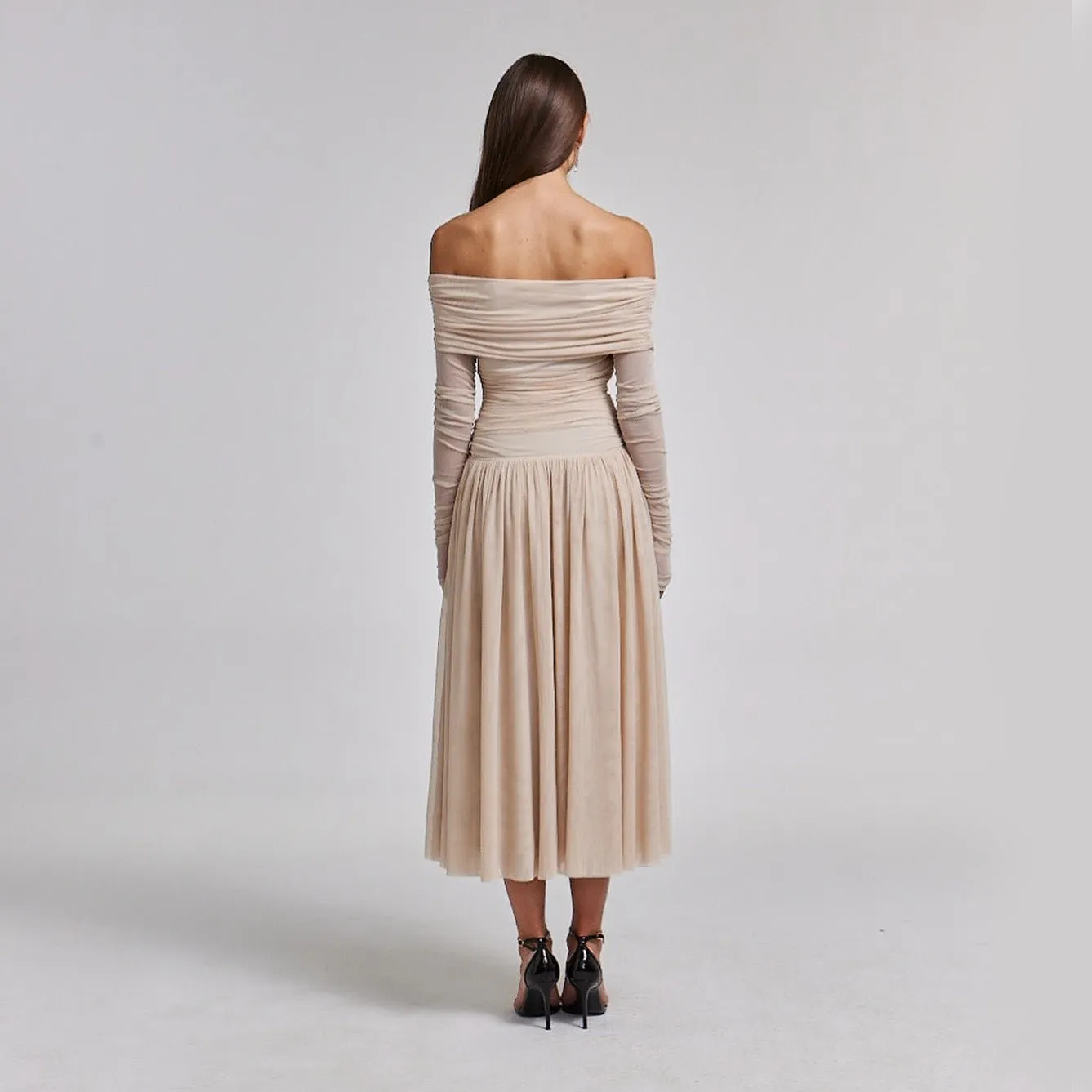 Nude Off Shoulder Gathered Waist Midi Dress