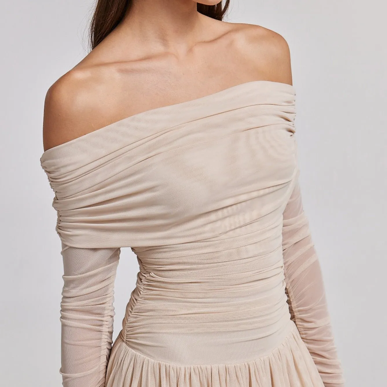 Nude Off Shoulder Gathered Waist Midi Dress