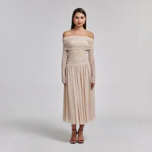 Nude Off Shoulder Gathered Waist Midi Dress