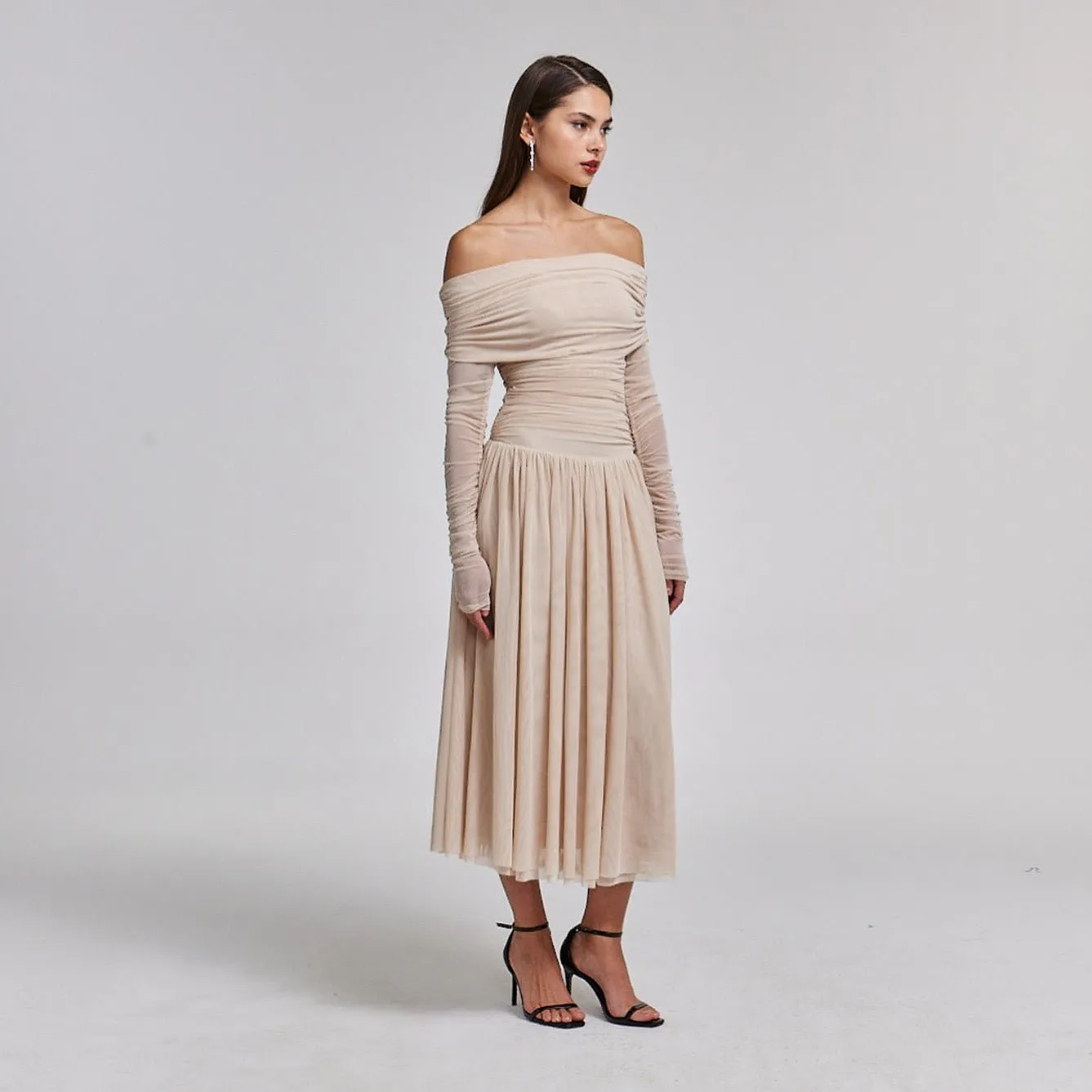 Nude Off Shoulder Gathered Waist Midi Dress