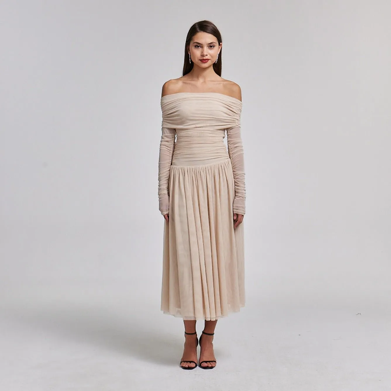 Nude Off Shoulder Gathered Waist Midi Dress