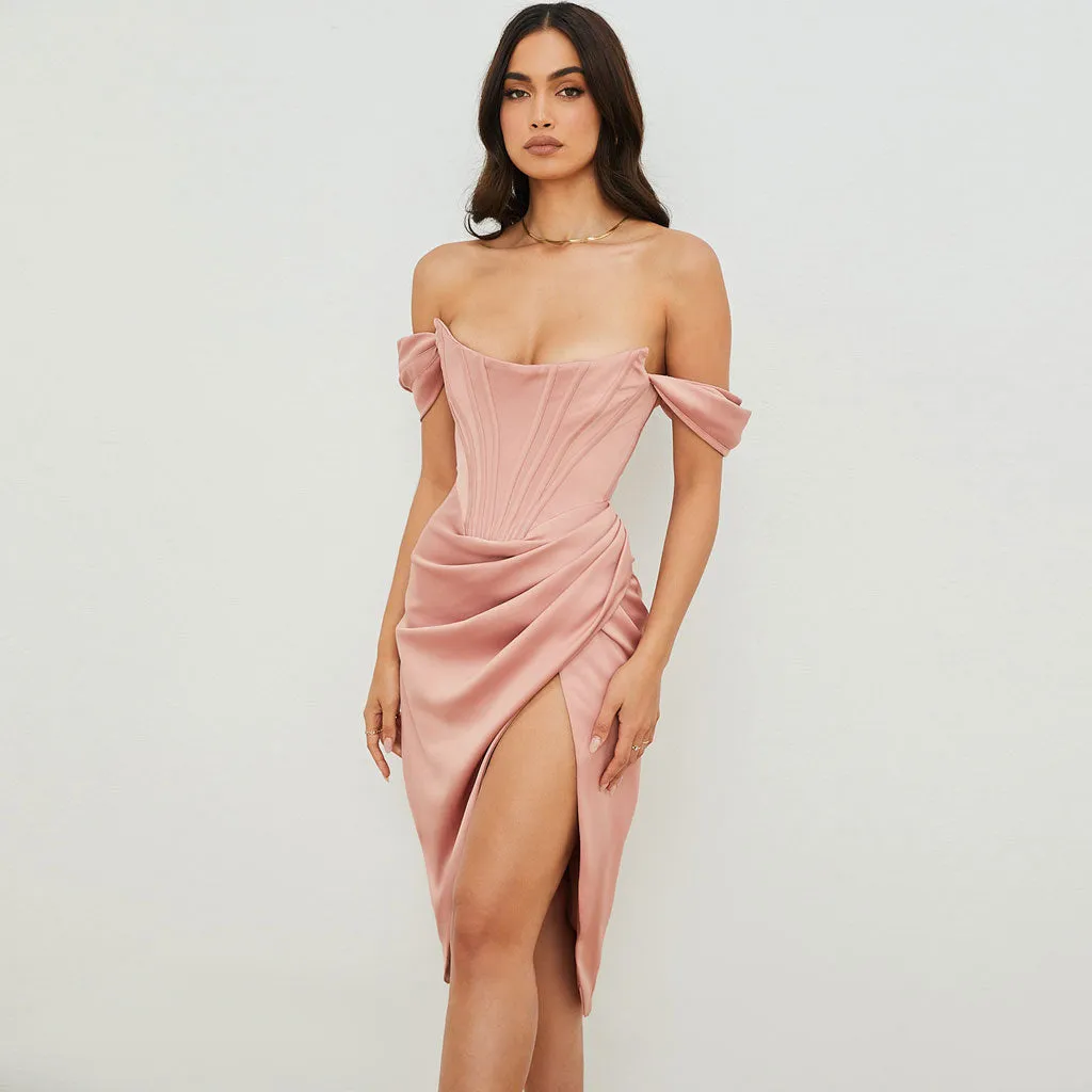 Off Shoulder Draped Corset Cocktail Midi Dress - Pink