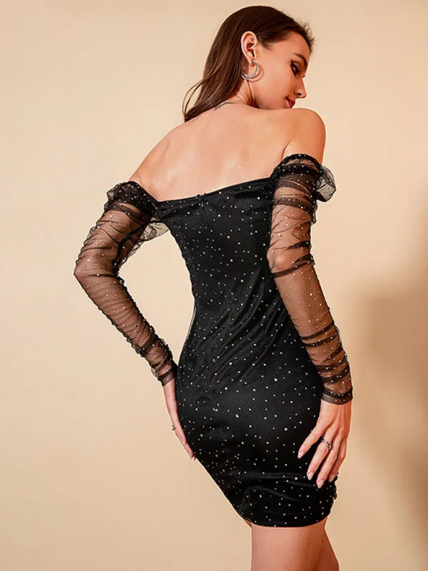 Off-Shoulder Mini Dress with Mesh Sleeves and Ruched Design