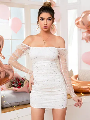 Off-Shoulder Mini Dress with Mesh Sleeves and Ruched Design