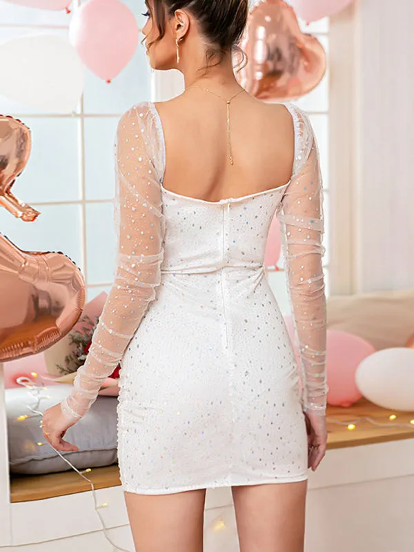 Off-Shoulder Mini Dress with Mesh Sleeves and Ruched Design