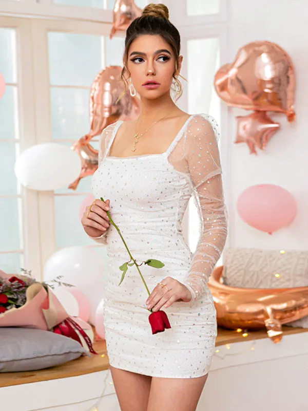 Off-Shoulder Mini Dress with Mesh Sleeves and Ruched Design