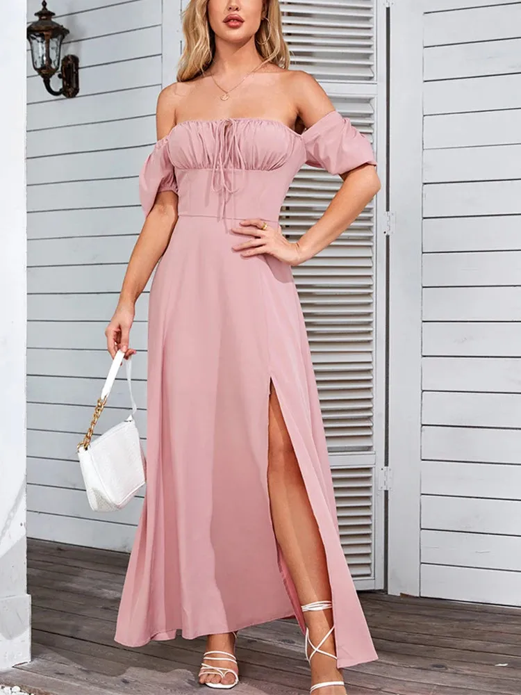 Off Shoulder Tie-Up Side Split Ruched Dress