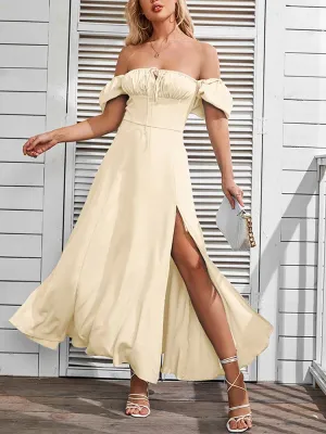 Off Shoulder Tie-Up Side Split Ruched Dress