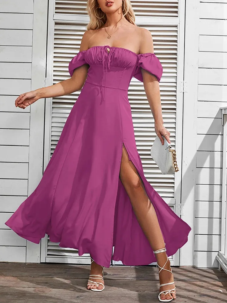 Off Shoulder Tie-Up Side Split Ruched Dress