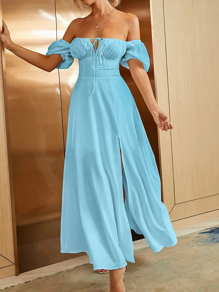 Off Shoulder Tie-Up Side Split Ruched Dress