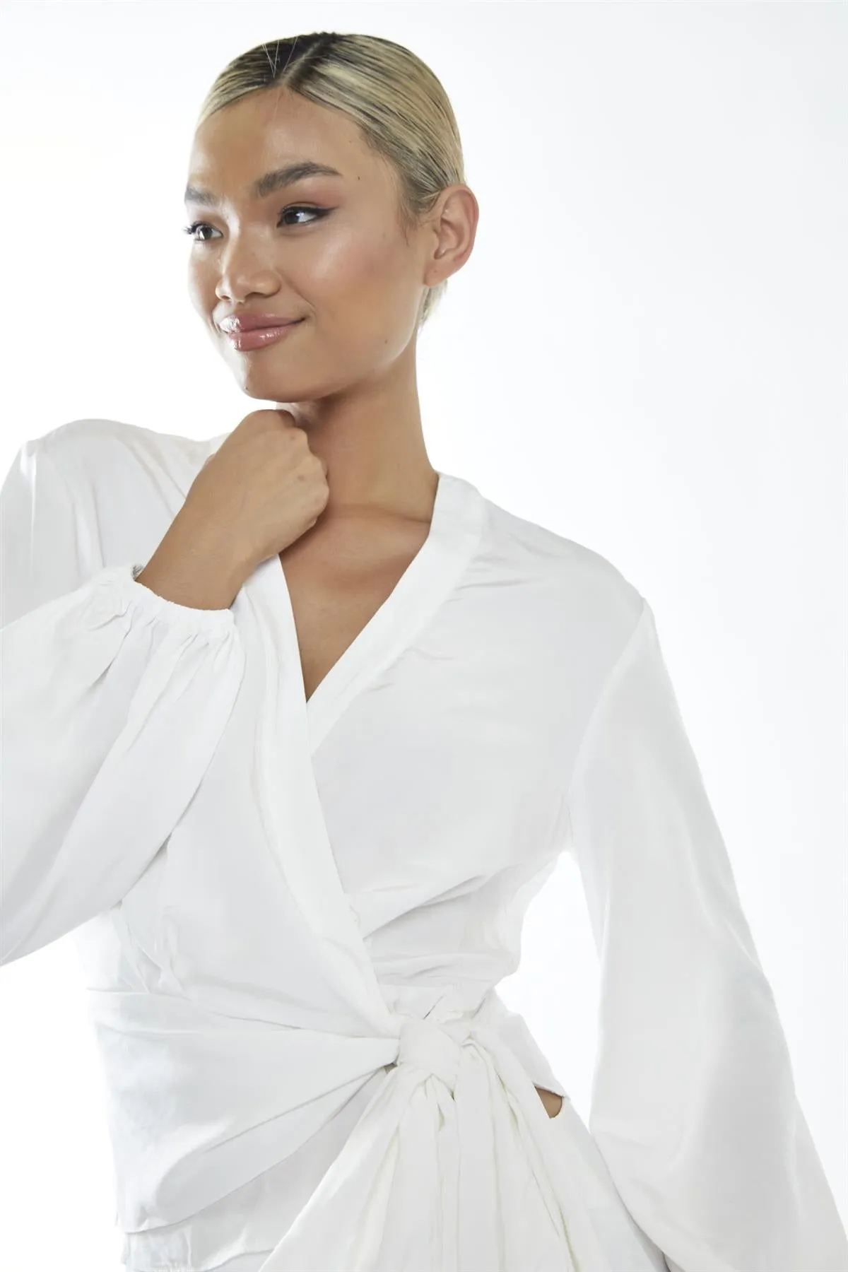 Off White Wrap Detail Long-Sleeve-Top