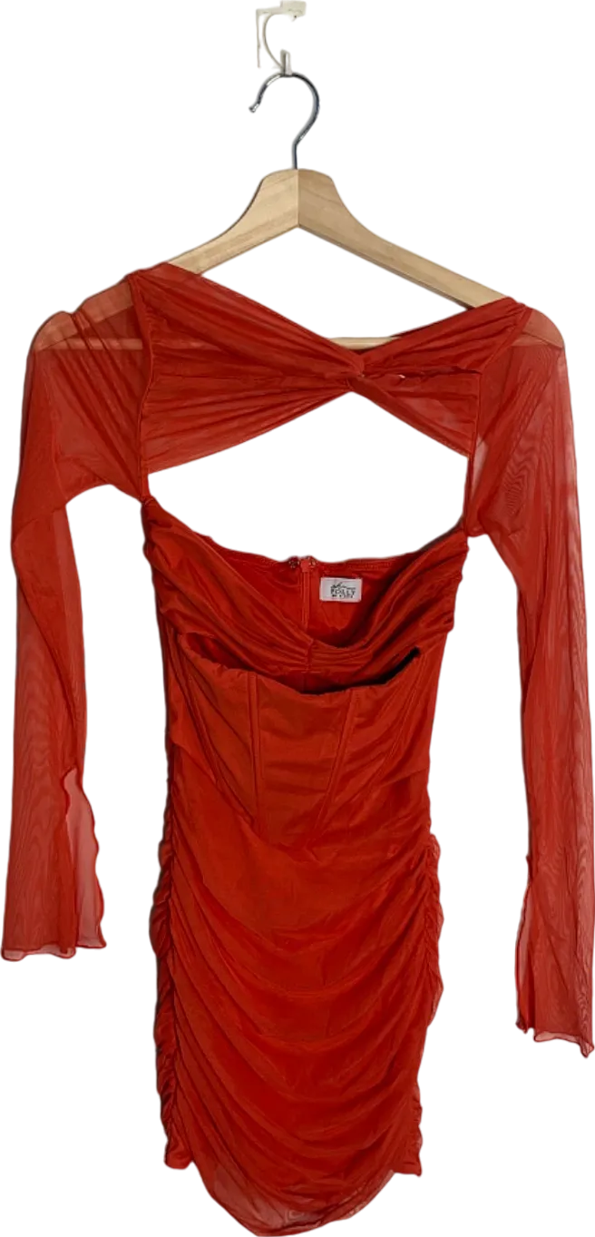 Oh Polly Red Sheer Mesh Ruched Mini Dress Size UK 6