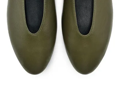 Olive green leather ballet flats with a V-cut and strap
