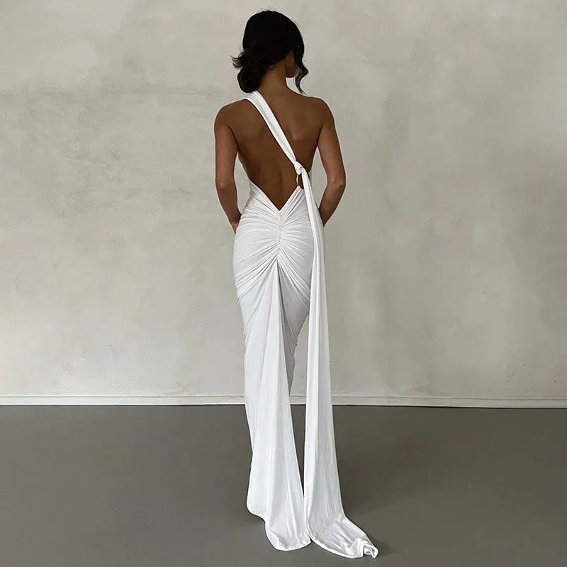 One Shoulder Ruched Backless Evening Maxi Dress - Hot Pink